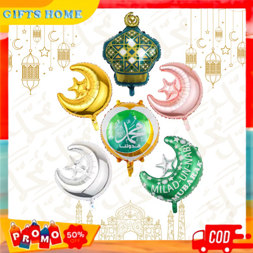 COD - 1 Pcs 18 Inch Balon Foil Ramadan Balon Bulan Bintang Bulan Sabit Balon Kubah Masjid Hiasan Dek
