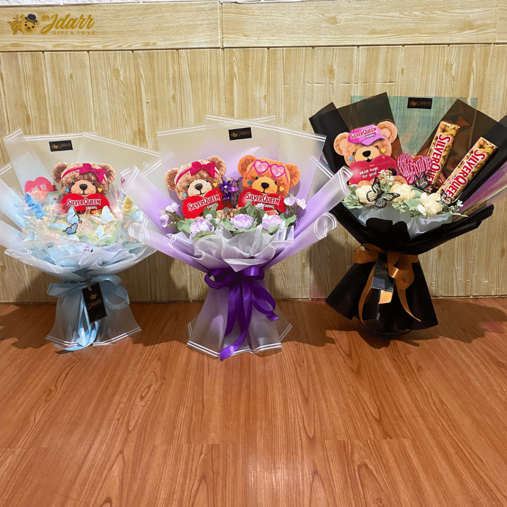 Buket Coklat Silverqueen Bear Terbaru Size Medium Hadiah Unik Bouquet Valentine Kado Pacar Gift Ultah Kejutan Anniversary Custom Request Viral Coklat Beruang Panda