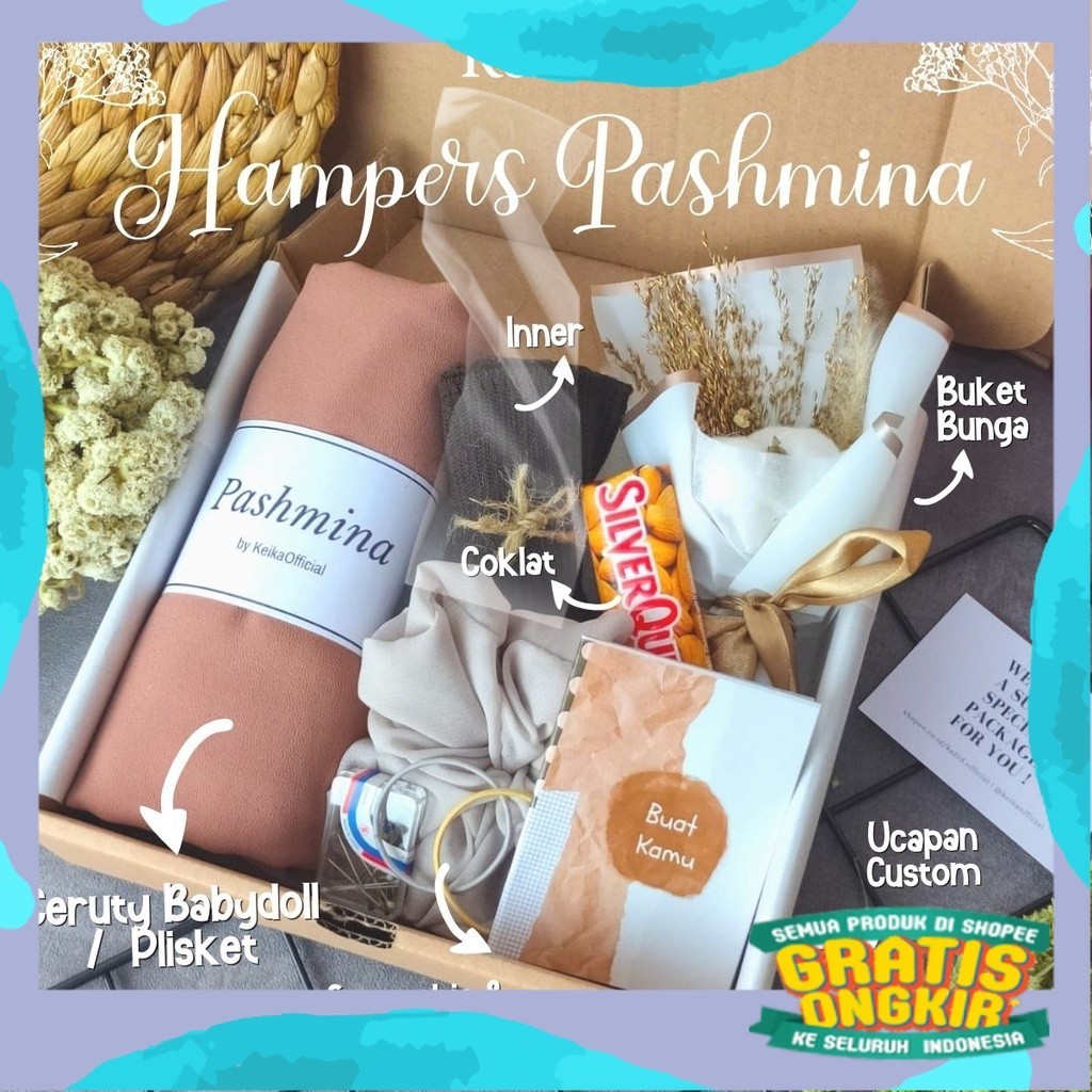 Hampers Hijab Pashmina Ceruty & Plisket Pasmina Ceruty Babydoll Pasmina Kaos Hadiah Kado Pasmina Hij