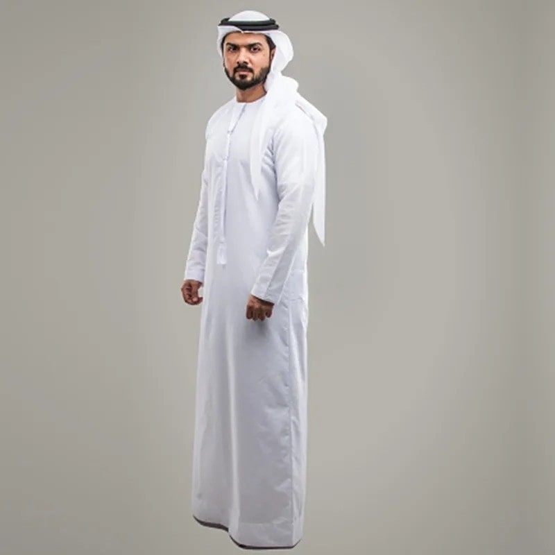 Men White Muslim Robe Islamic Kaftan Saudi Arabia Solid Color O Neck Short Sleeve Fashion Jubba Thob