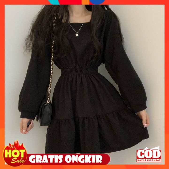 KAIN ADEM HALUS TEBAL / dress Lengan Panjang Wanita Kerah Persegi/dress korean style/ GAUN NATALAN/d