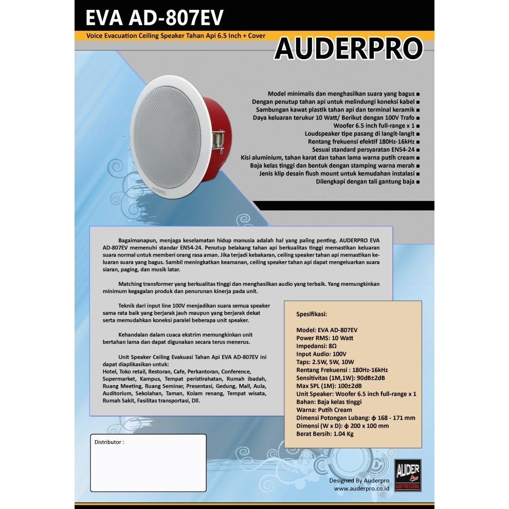 GROSIR AUDERPRO FIREPROOF CEILING SPEAKER EVA AD-807EV SPEAKER TAHAN API