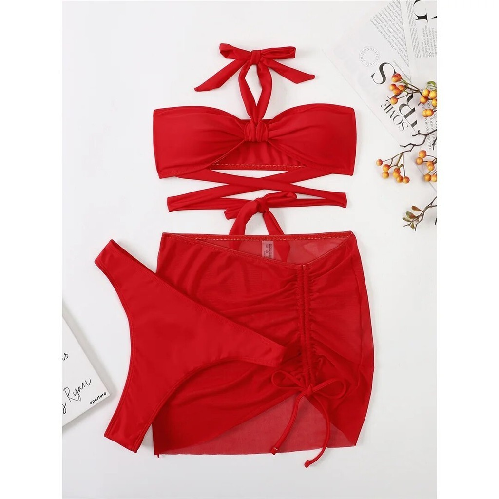 PREORDER 3 PCS With Skirt Halter Bikini Women Swimwear Female Swimsuit Three-pieces Padded Bikini se