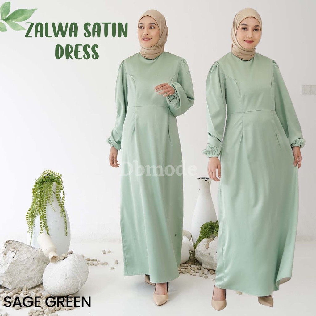 MF Zalwa Gamis Baju Long Dress Wanita Polos Satin Silk Fashion Muslim Casual Hijab Hitam Sage Green 