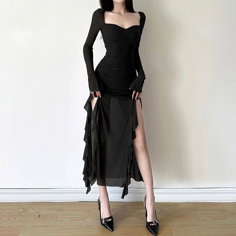 Gaun pinggang lengan panjang putih taro ungu elegan gaya Perancis untuk wanita dengan desain rok pan