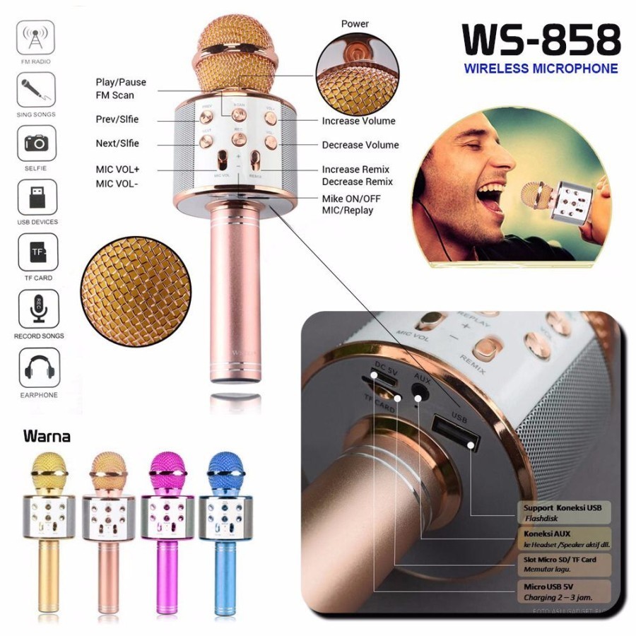 SGB Mic Speaker Bluetooth WS 858 Microphone Karaoke BT Smule WS858 WS-858