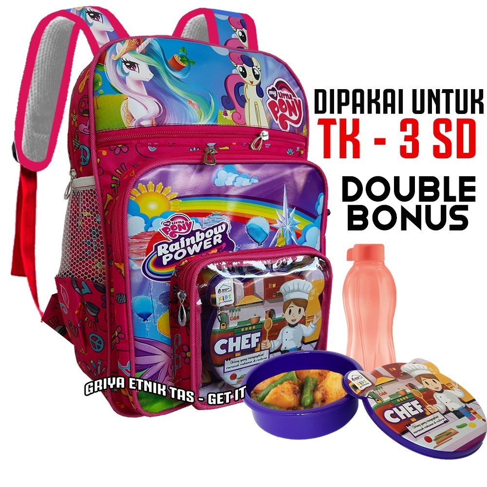 Tas Sekolah Anak SD Perempuan Tas anak karakter TK Pony Frozen LOL Gratis Bonus Misting dan Botol Mi