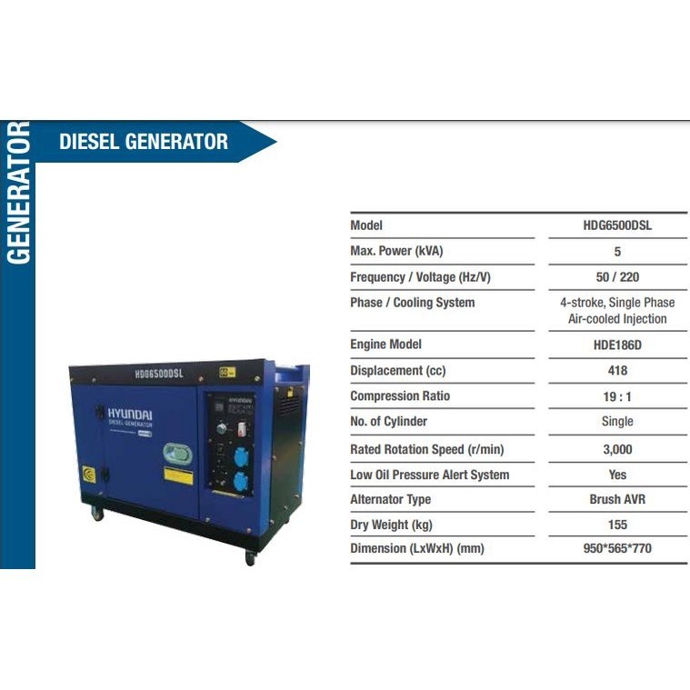 Genset Silent HYUNDAI HDG6500DSL 5000Watt / Generator Silent HDG 6500 DSL HYUNDAI 5000W