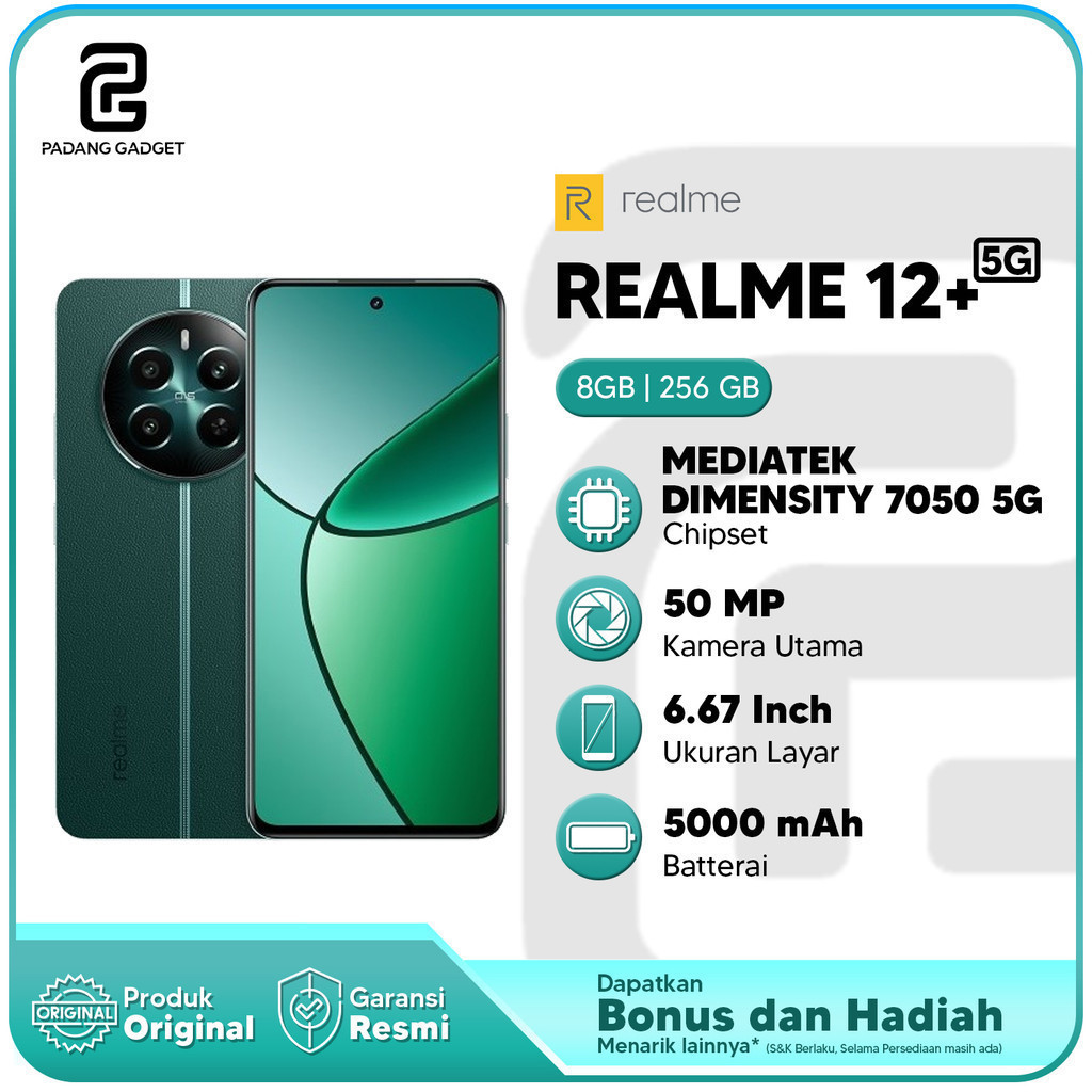 Realme 12+ 5G RAM 8GB+8GB/256 GB New Smartphone Hp Realme Dimensity 7050 5G - Garansi Resmi