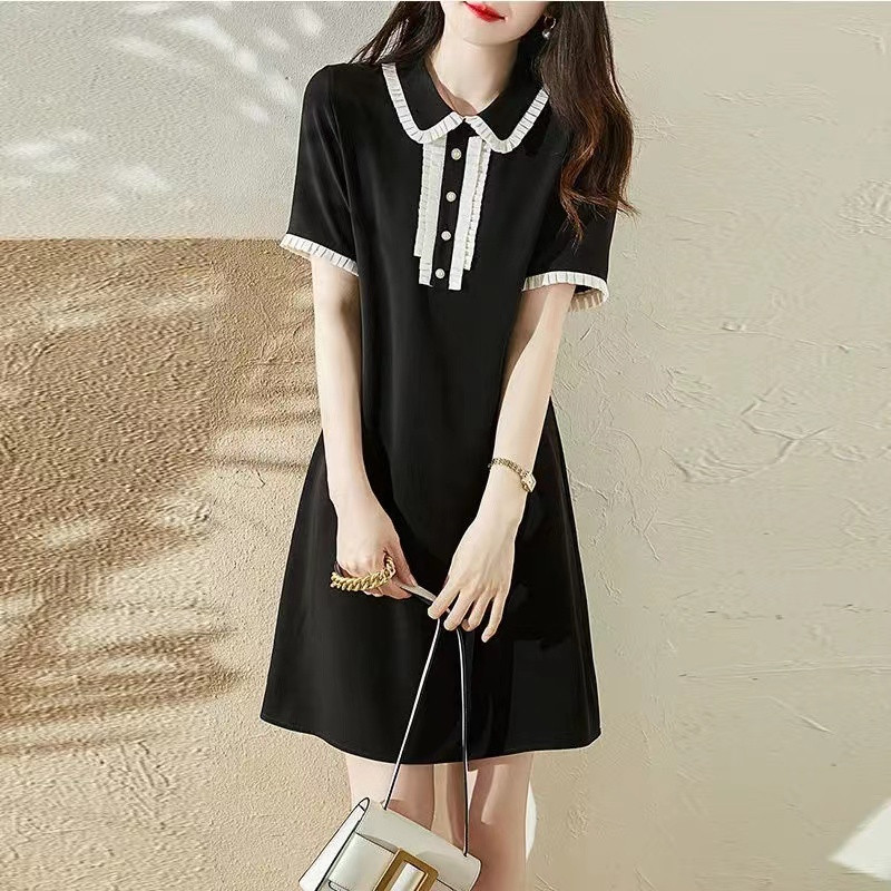 FAN Dress hitam lengan pendek dengan kerah boneka ala Korea/dress hitam/dress korea
