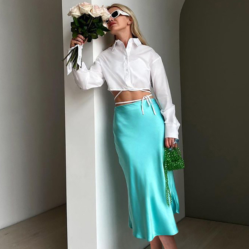 Liontin satin ungu pinggang tinggi membungkus rok ramping musim gugur pakaian wanita komuter mode ba