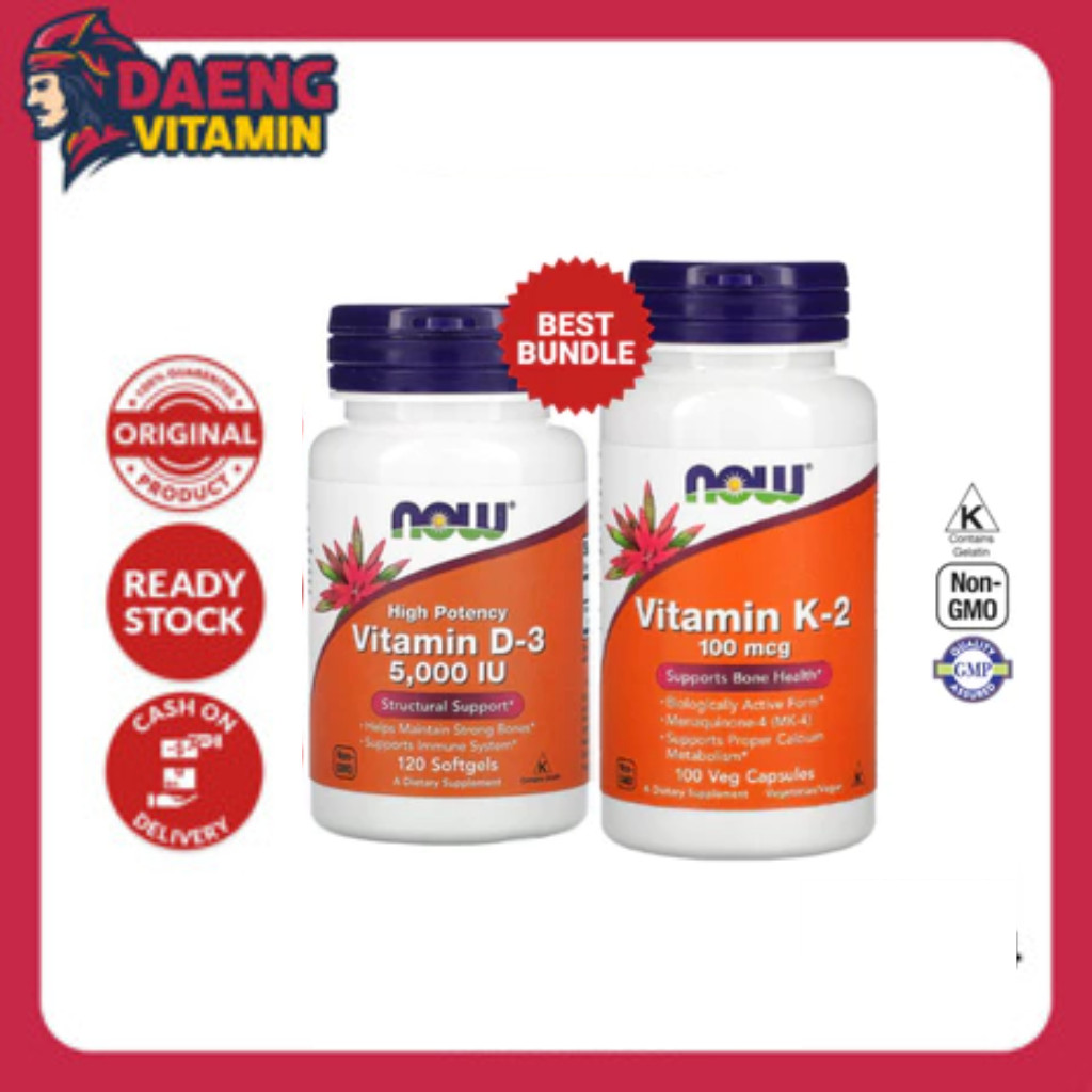 Suplemen Vitamin Now Foods D3 5000 iu + K2 100 mcg - Kesehatan Imun Tulang Gigi Sendi Jantung