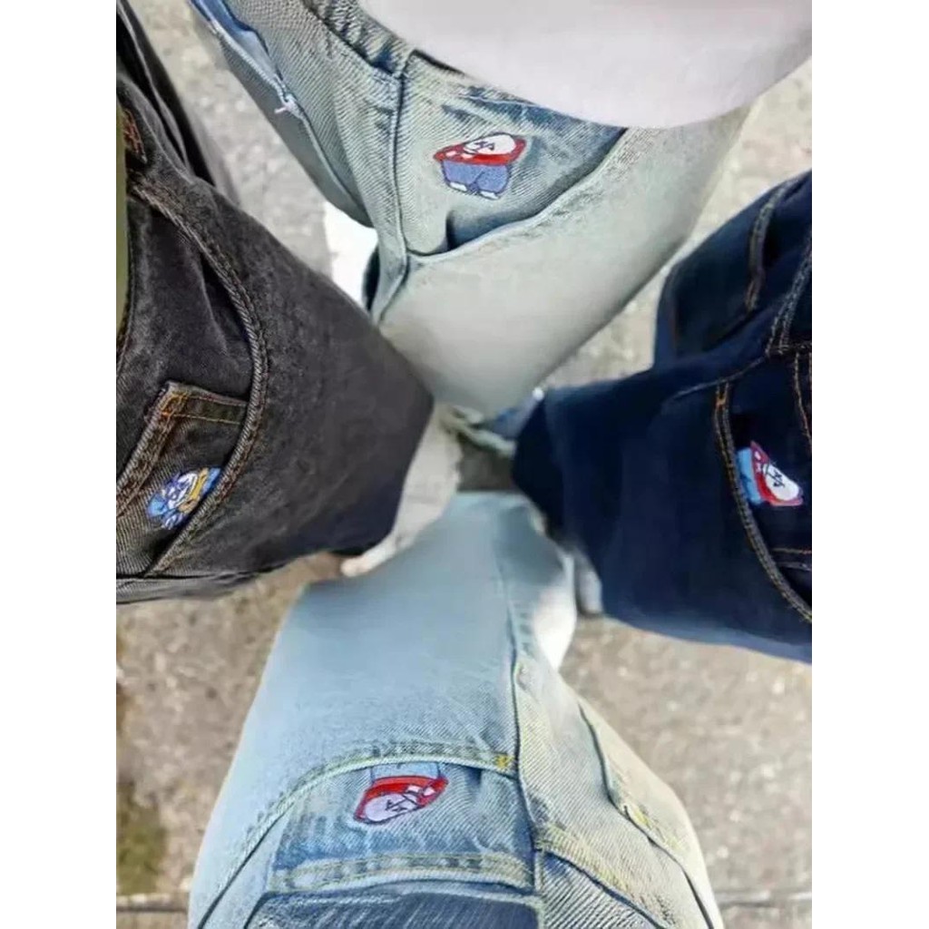 Y2K Pants Hip Hop Cartoon Streetwear Polar Big Boy Jeans Embroidery Retro Blue Baggy Jeans Mens Wome