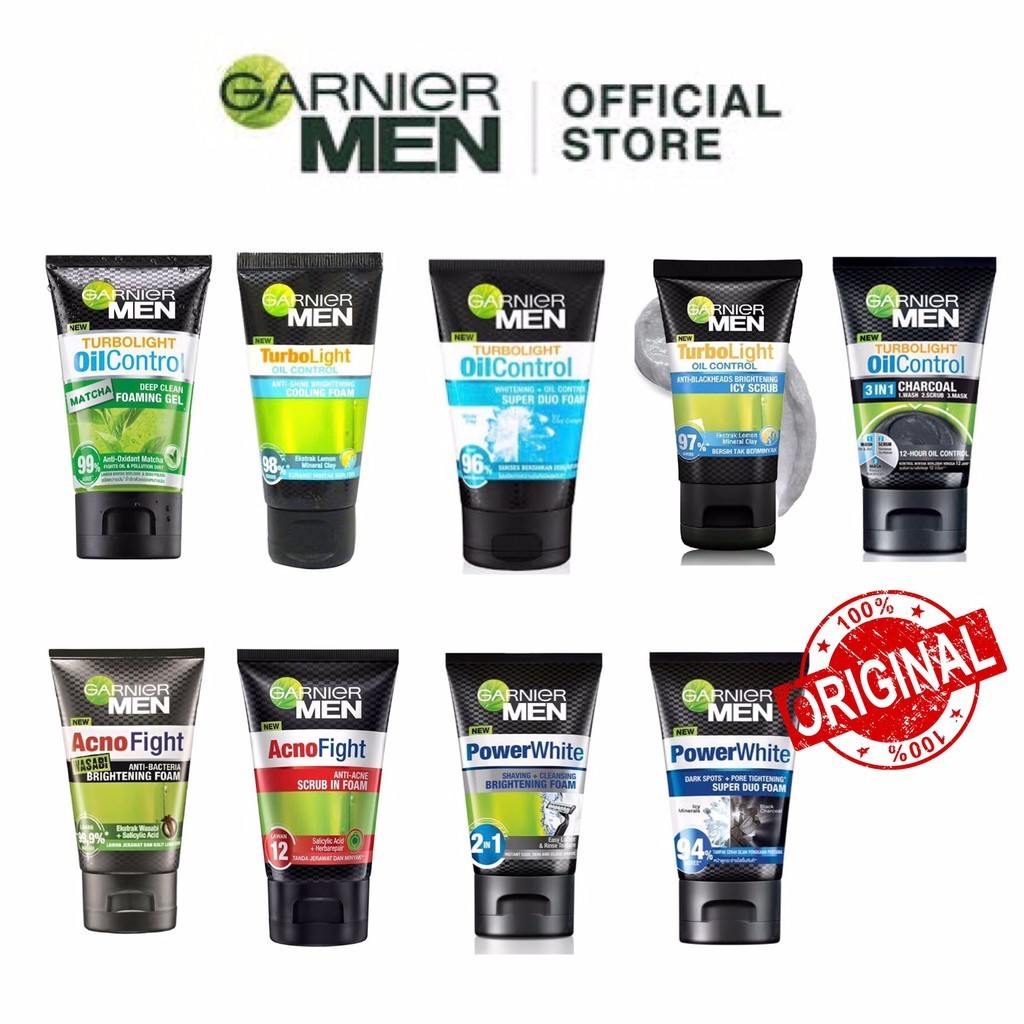 Garnier Men Facial Wash, Face Cleanser For Man / Turbolight / Acne Fight / Power White 100 & 50ml