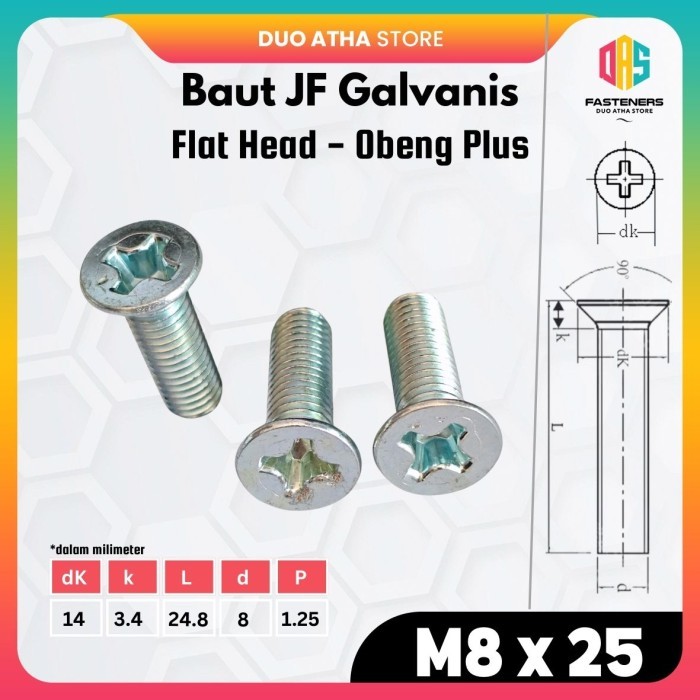 JF M8x25 Baut JF Flat Head Baut JF M8 x 25 Obeng Plus Galvanis