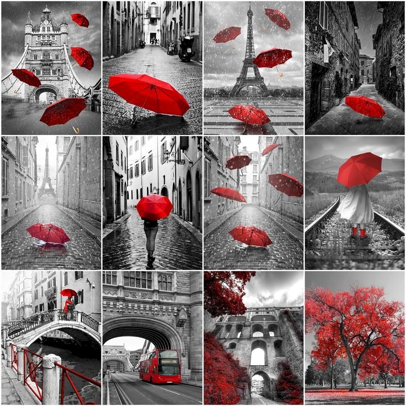 

GATYZTORY Painting By Numbers City Landscape Red Umbrella Drawing On Canvas HandPainted Art Gift DIY Picture Tower Kits Home Dec