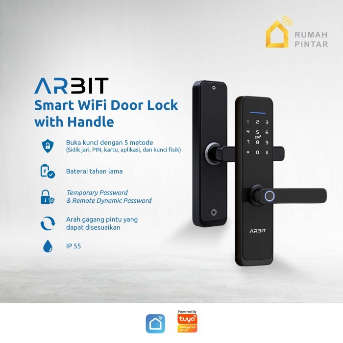 

ARBIT Smart WiFi Door Lock With Fingerprint Card PIN Key Kunci Pintar