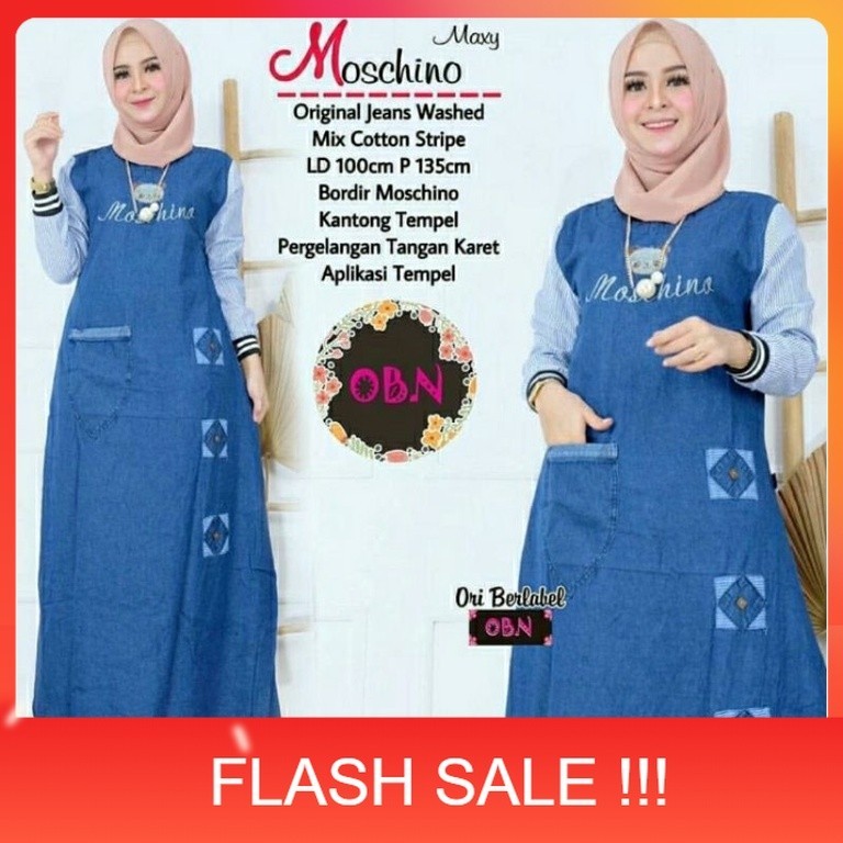 PROMO baju gamis jeans denim kombinasi katun bordir terbaru ld.100cm