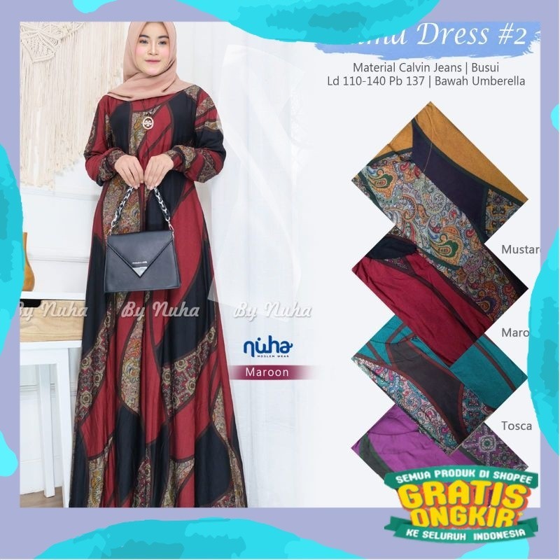 SALMA DRESS 2 GAMIS CALVIN JEANS JUMBO LD 110-140 MOTIF PRINTING GAMIS WANITA MUSLIM KEKNINIAN TEBAL