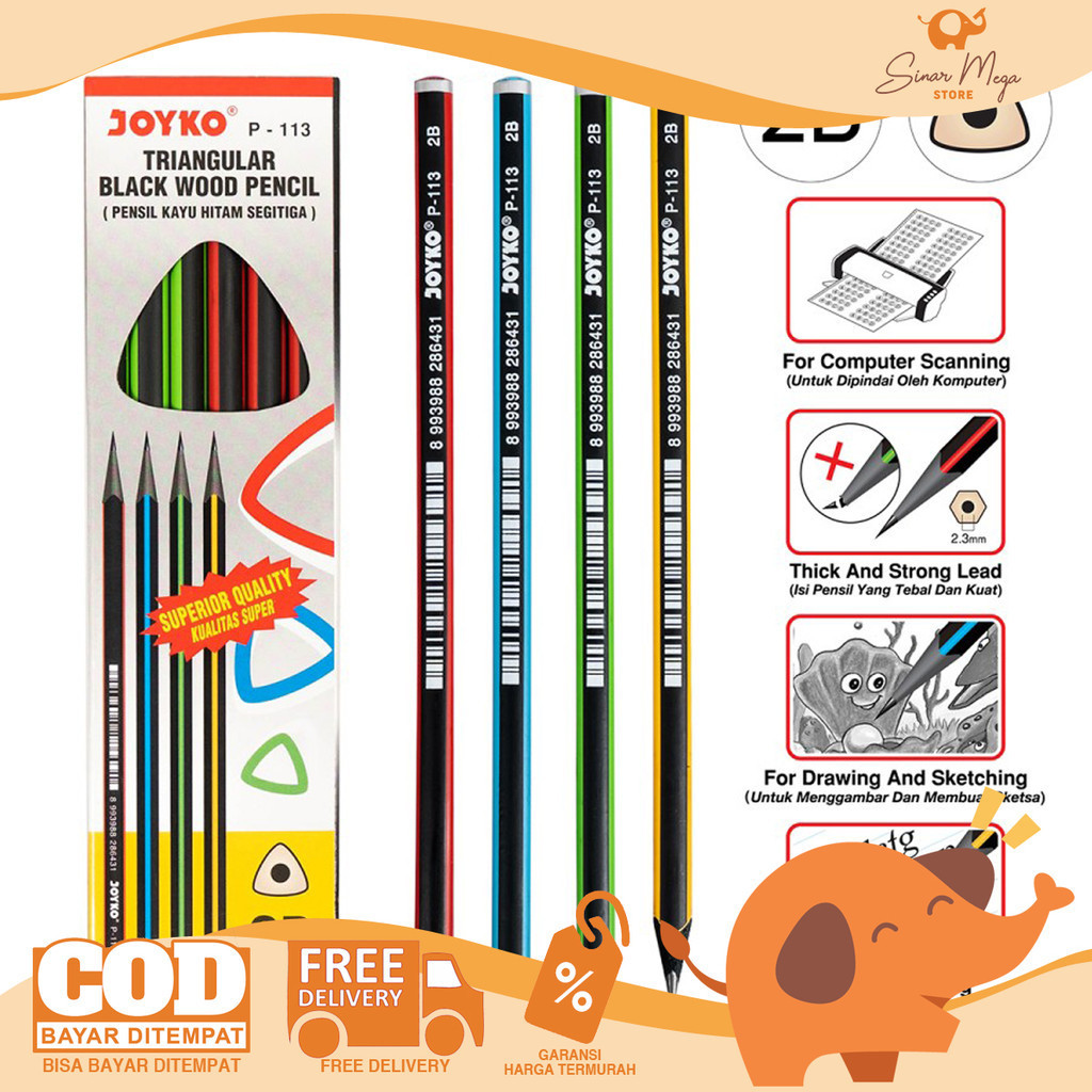 

Joyko Pencil P-113 2B Pensil LUSINAN Triangular Black Wood Pencil Murah Berkualitas