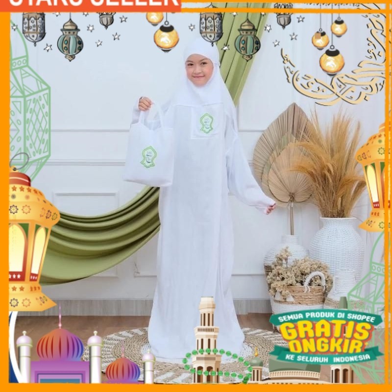 Mukenah anak hadramaut terompah / mukena terompau anak terusan putih polos/ Pink Dusty Fanta Merah m