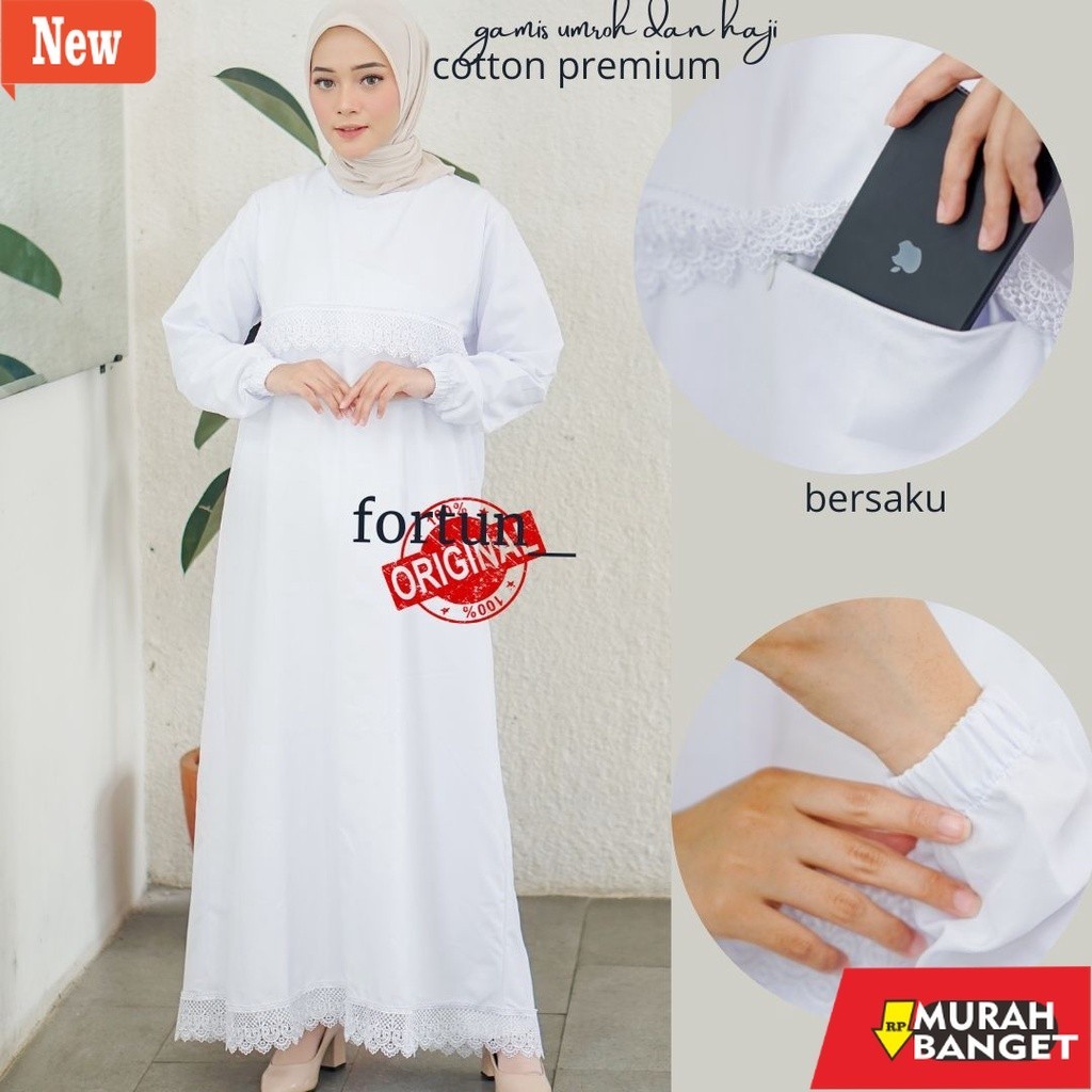 Gamis wanita untuk lebaran- GAMIS UMROH DAN HAJI PUTIH DAN HITAM,SAKU TENGAH RENDA