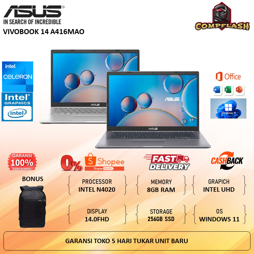 FROMO SPESIAL SHOP Laptop Asus vivobook 14 A416MAO - Intel N4020 ram 8gb 256gb ssd Windows 11 OHS 14.0FHD