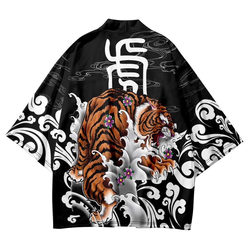 New Design Tiger Flower Print Black Traditional Cardigan Tops Japanese Kimono Women Yukata Streetwea