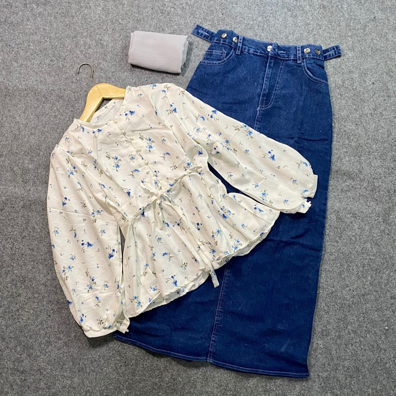 PAKET OOTD / CELINE ONE SET (blouse duyung + hijab square + rok jeans)