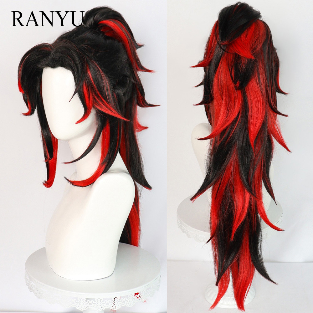 RANYU Synthetic Women and Men Tsugikuni Yoriichi Wigs Long Black Red Mix Anime Cosplay Hair Heat Res