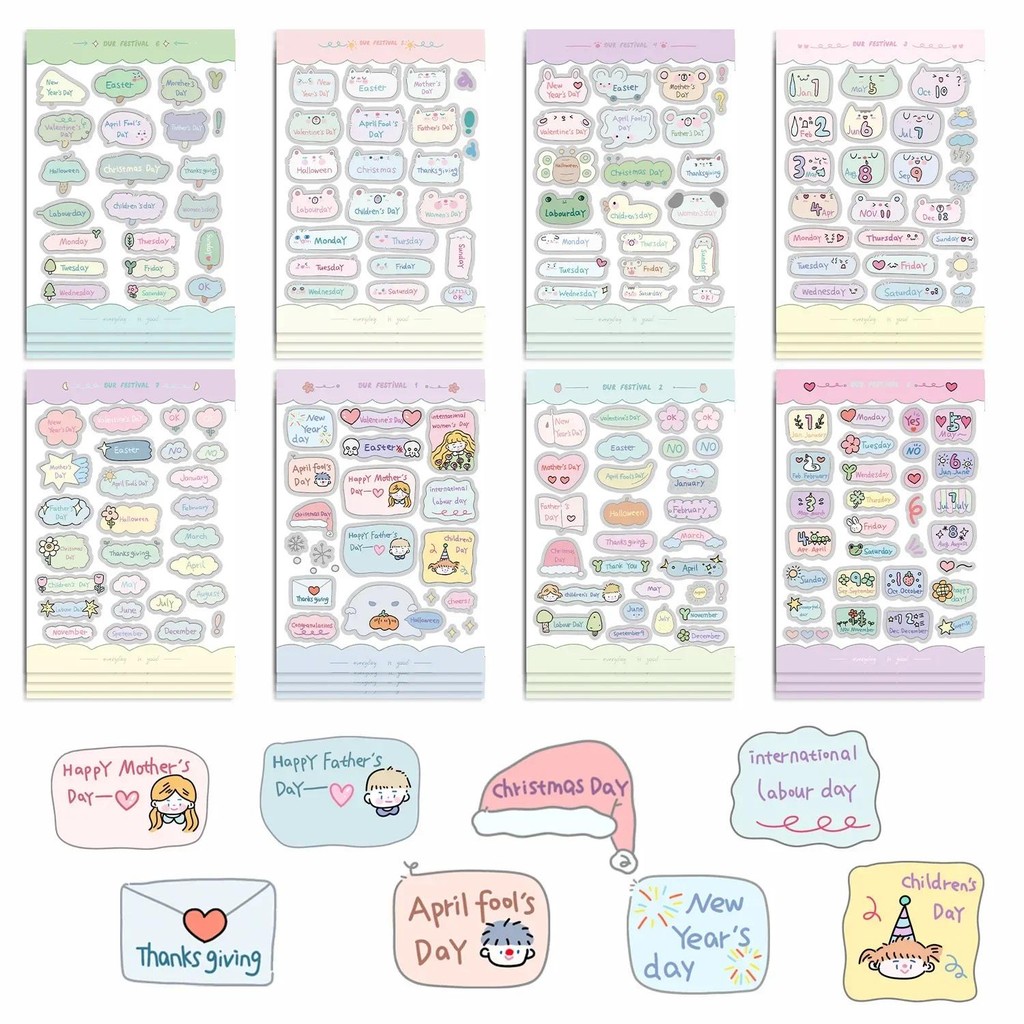 

8Pcs Cute Cartoon Holiday Date Number Stickers Calendar Scrapbook Journal Planner English Baby Font Deco Label Phone Case Decals
