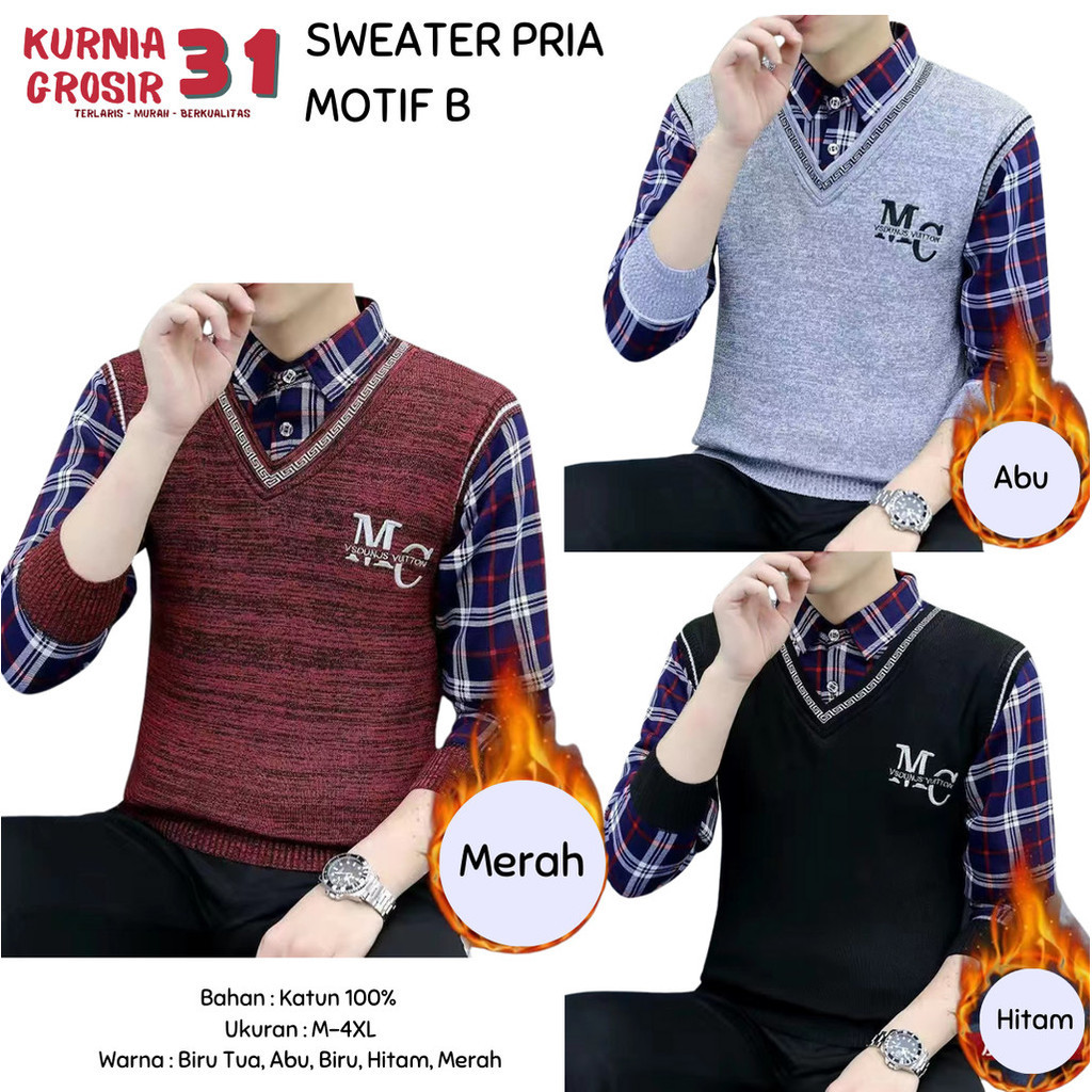 Sweater Pria Polos Kombinasi Kotak Krah Motif Dalam Bulu Tipis Pria Wanita / Baju Hangat Model Kemej
