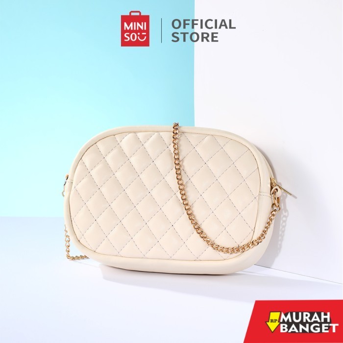 tas selempang wanita simple elegan MINISO Tas Selempang Tas Wanita Hitam Dengan Rantai PU Kain Lembu