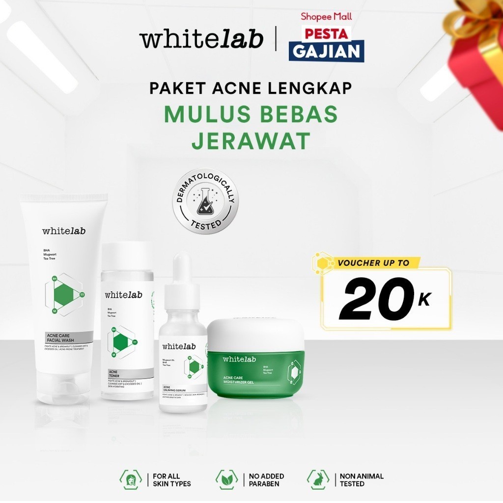 Whitelab 4pcs Paket Acne - Facial Wash, Toner, Serum, Moisturizer Paket Skincare
