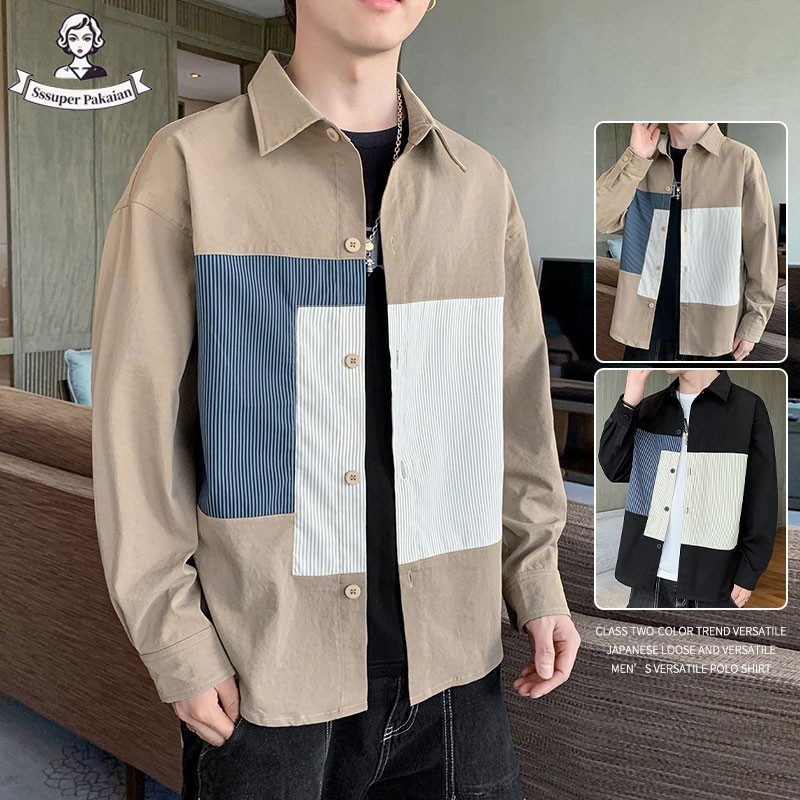 Kemeja Lengan Panjang Longgar Retro Pria Korea Kemeja Jahitan Garis Longgar