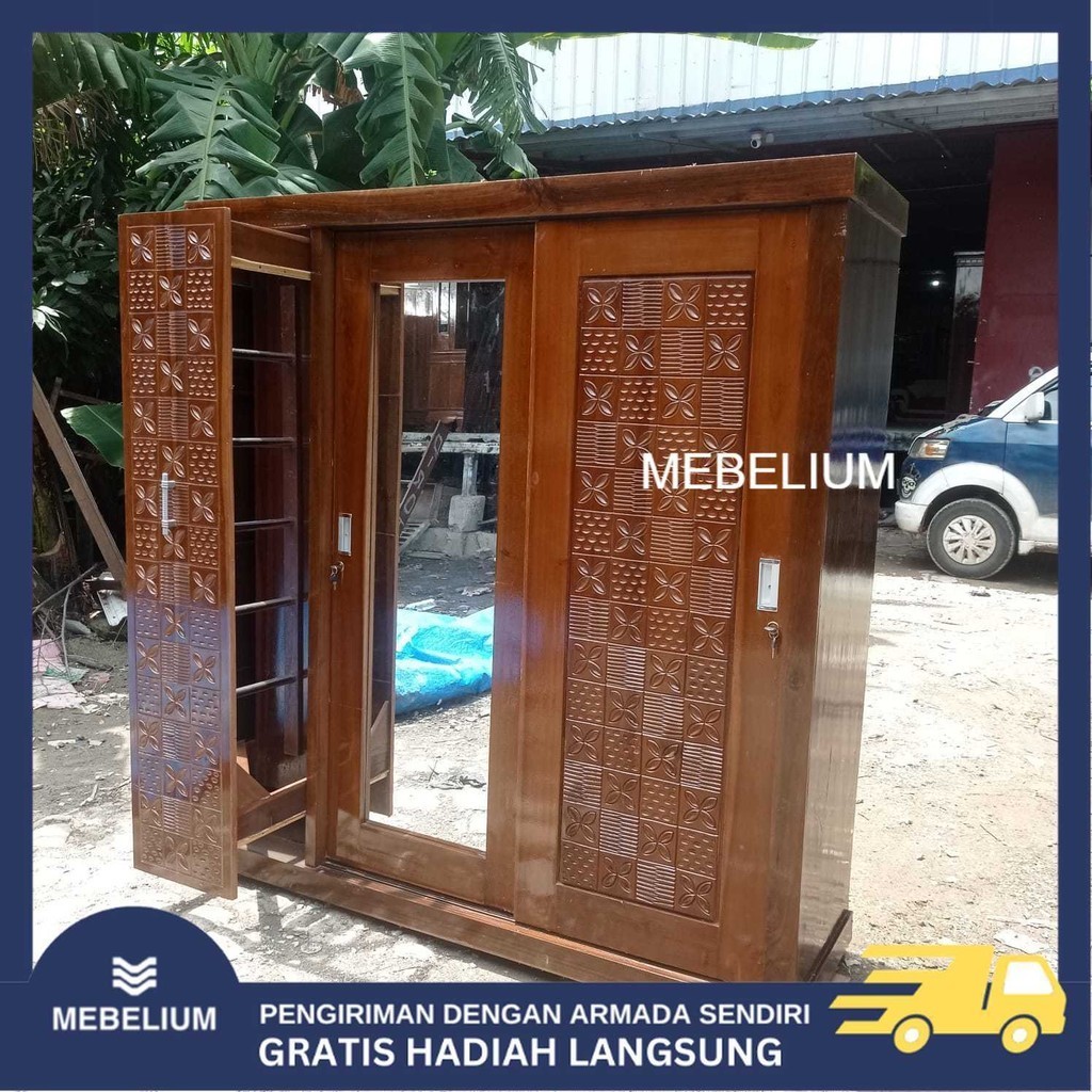 [Jabodetabek] Lemari Pakaian / Baju Rak Hijab Tarik 3 Pintu Sliding Jumbo Bahan Full Kayu Jati Anti 