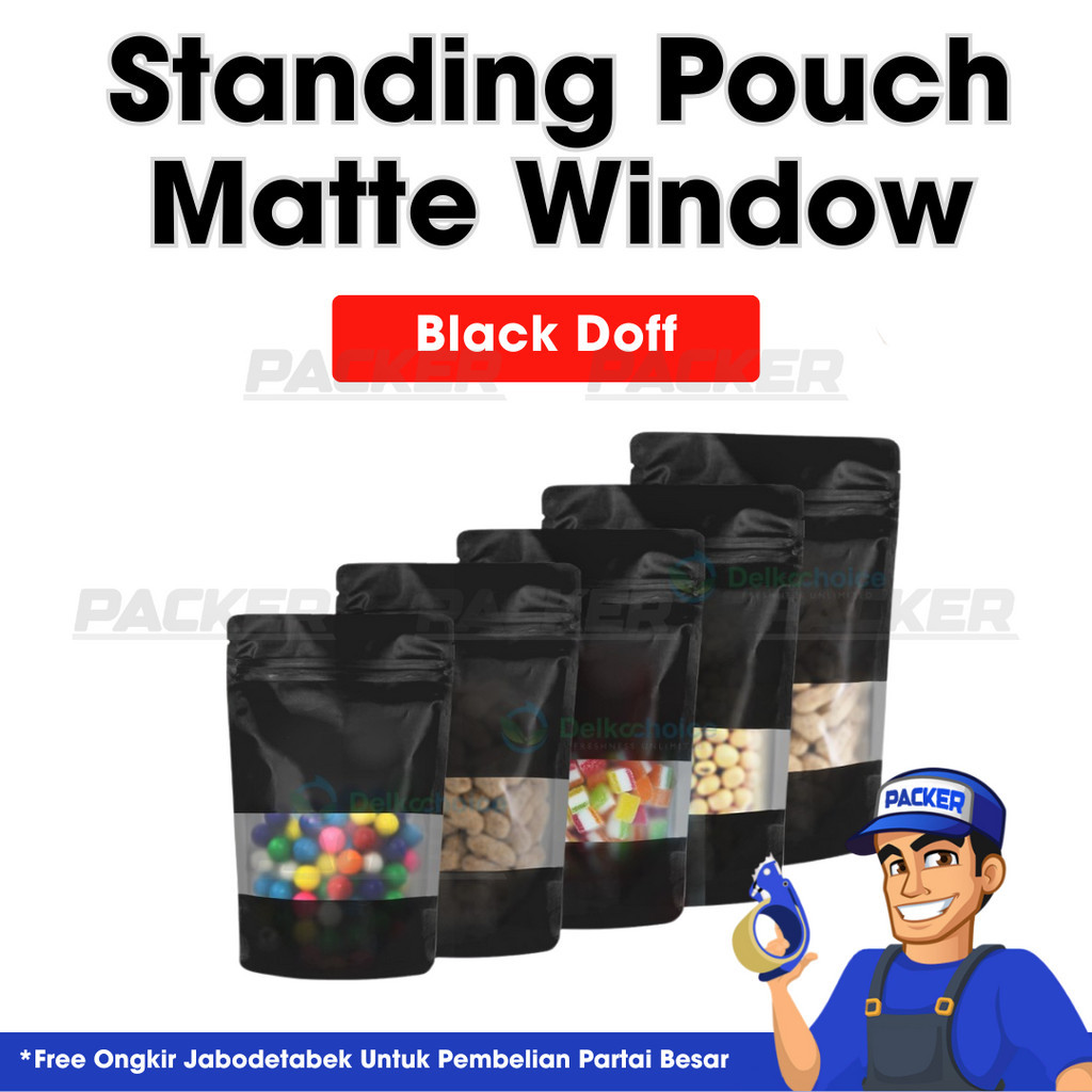 Plastik Klip Kemasan Bungkus Makanan Premium Standing Pouch Matte Window Black Doff