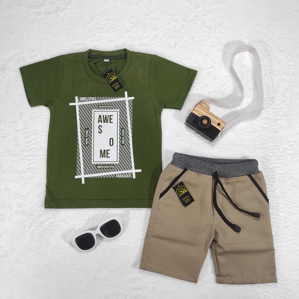 QNR Setelan Anak 1-12Thn  LV2 KCR Kaos Distro QnR  dan  Celana Chinos Pendek / Stelan Anak Baju Cela