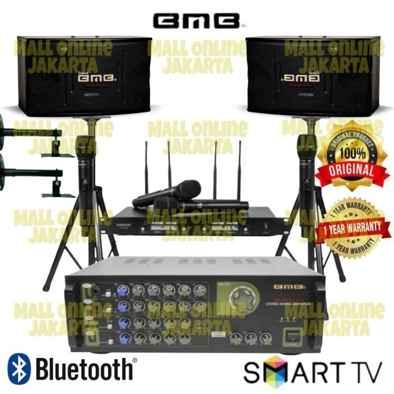 Paket karaoke bmb 10 inch power ampli bmb bluetooth 4 mic wireless