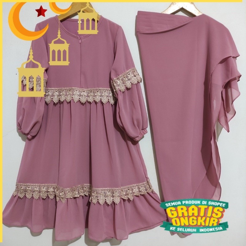 Gamis Ceruty anak Hijab dengan Renda/Maron merah bata red anak tanggng