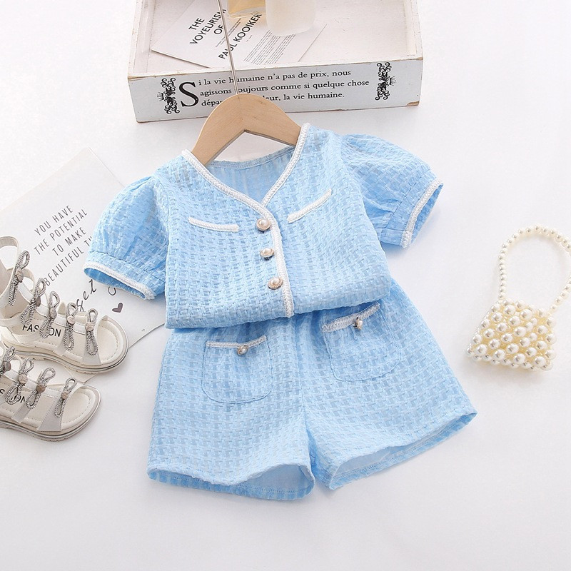 Setelan Anak Perempuan Celana Pendek Baju Anak Korea Kancing Mutiara