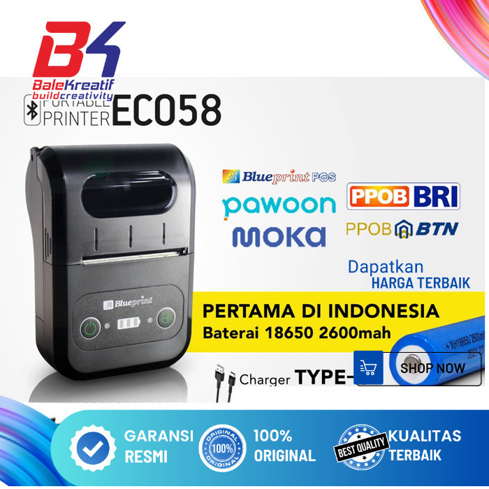 Portable Printer receipt Thermal Bluetooth BLUEPRINT ECO58 Baterai