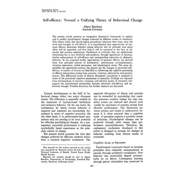 

Self-efficacy: Toward a Unifying Theory of Behavioral Change; & ;