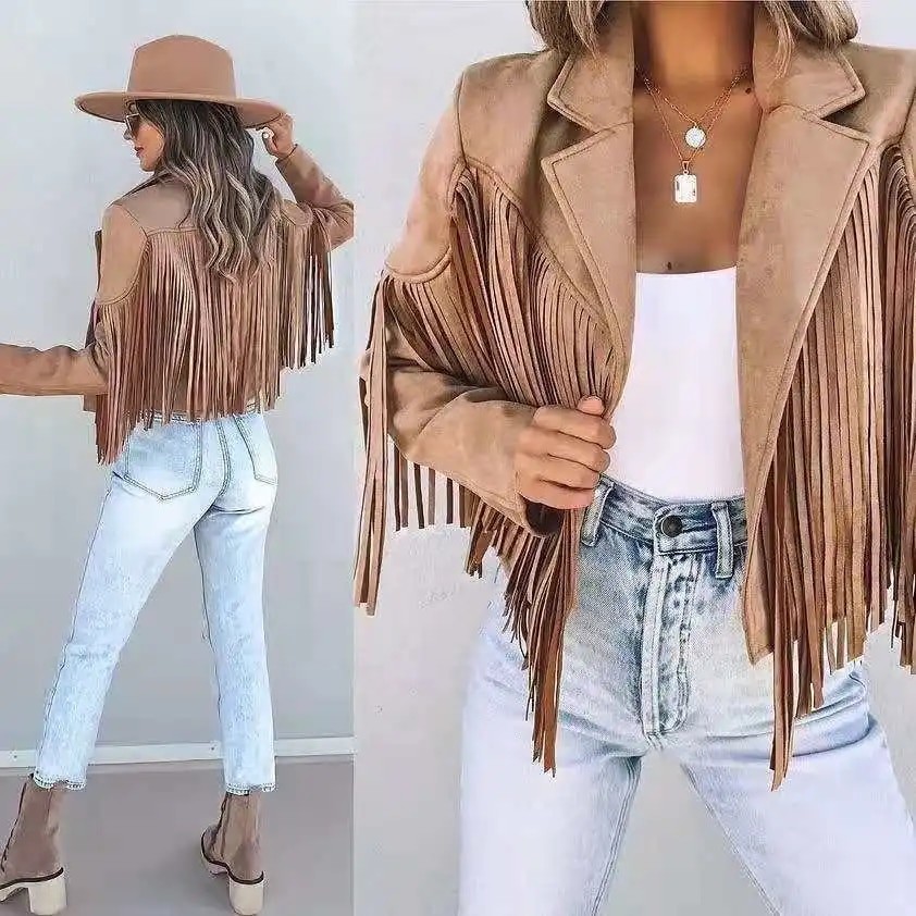 Women Y2k Fringed Hem Tassel Cardigan Crop Tops E-girl Motor Biker Jacket Suede Leather Jacket 90s V