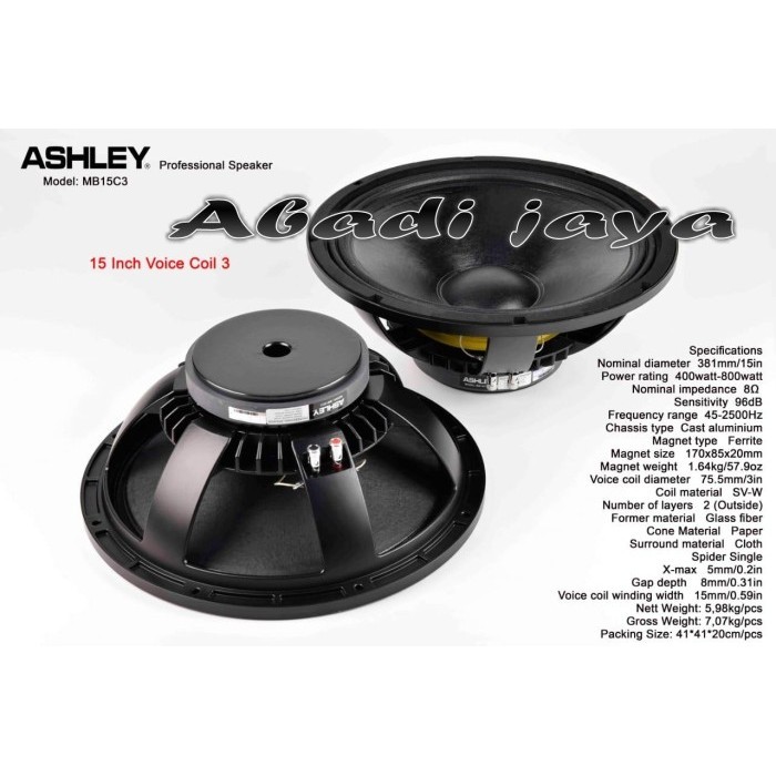component speaker ashley mb15c3 mb 15c3 mb15 c3 15 inch voice coil 3