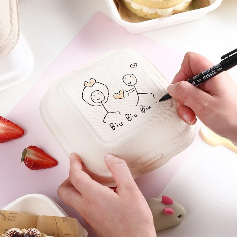 

10pcs Biodegradable Bento Box Cake Case Disposable Hamburger Package Boxes Hand-painted Take-out Storage Food Mini Container