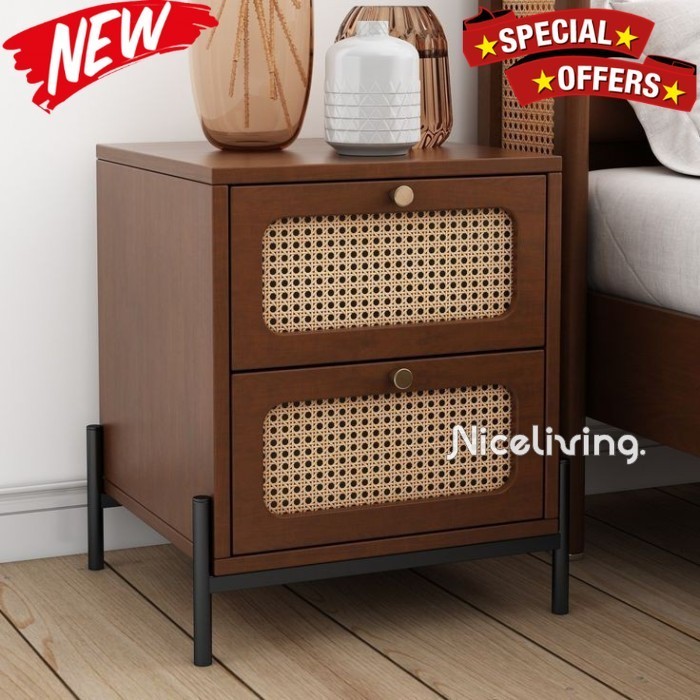 Nakas kayu jati kombinasi rotan kaki besi nakas modern terbaru