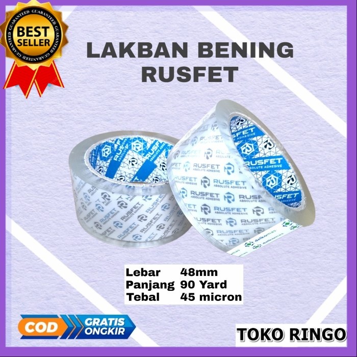 

Lakban bening isolasi RUSFET tebal 48mm packing clear 90 yard 48x90