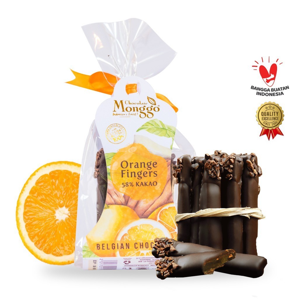 

Chocolate Monggo | Orange Fingers Dark Chocolate 60g | Coklat Hitam & Jeruk Sunkis | Snack | Cemilan