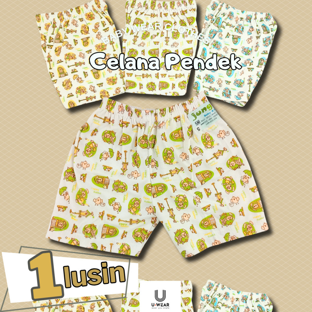[1 Lusin] Celana Pendek Bayi Putih Print Motif SNI
